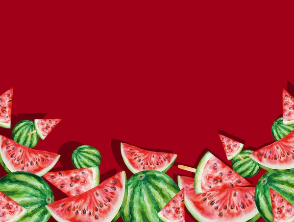 Illustrazione Acquerello Disegnato Mano Cornice Anguria Sfondo Rosso Frutta Esotica — Foto Stock