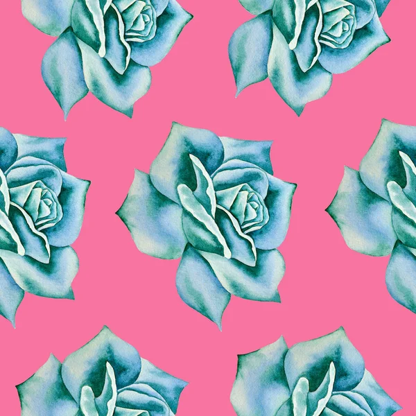 Ілюстрація Акварельного Візерунка Ручної Роботи Різнокольоровими Синіми Трояндами Романтичні Квіти — стокове фото