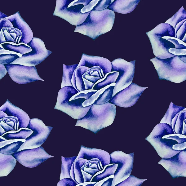 Ilustracja Akwarela Ręcznie Rysowane Wzór Kolorowymi Niebieskimi Różami Romantyczne Kwiaty — Zdjęcie stockowe