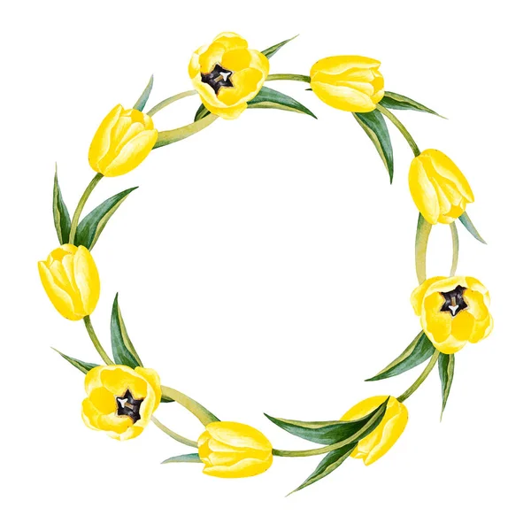 Ilustración Del Marco Acuarela Dibujado Mano Con Tulipanes Amarillos Aislado — Foto de Stock