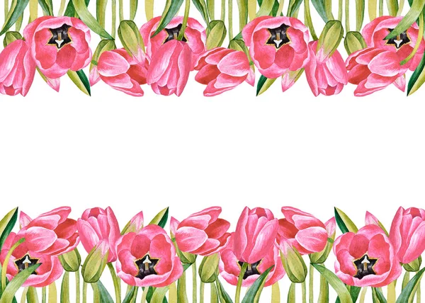 Ilustración Acuarela Marco Dibujado Mano Con Tulipanes Rosados Postal Floral — Foto de Stock