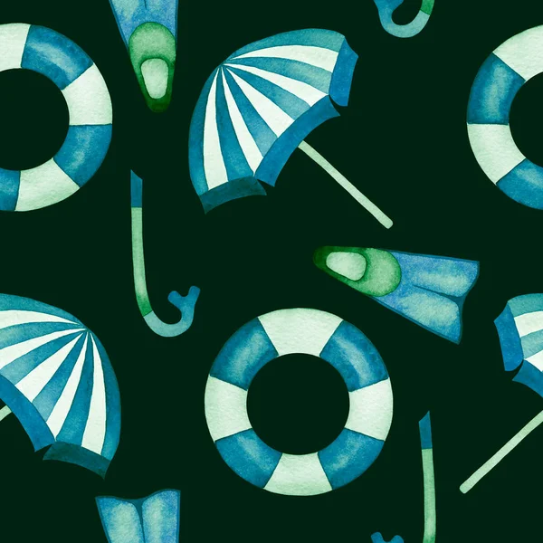 Иллюстрация Акварели Ручной Работы Голубой Летний Узор Отдыха Зонтиком Солнца — стоковое фото