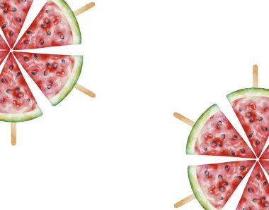 Beyaz arka planda izole edilmiş suluboya el çizimi karpuz çerçevesi. Egzotik meyveler, organik yiyecekler, yaz etiketleri, mevsimlik yiyecek ikonları. Yeşil ve kırmızı suluboya lekeleri. Tropik.