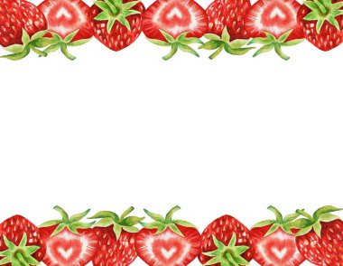 Kırmızı taze çilekle çizilmiş suluboya el resmi. Yaz meyvesi arka planı. Organik yiyecekler. Egzotik, tropikal. Vejetaryen. Çiftçi pazarı ve amblemi için doğal ürün.