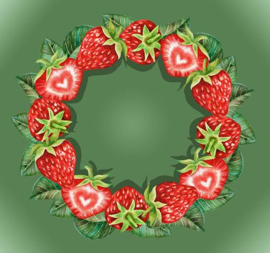 Kırmızı taze çilek ve yapraklarla çizilmiş suluboya el resmi. Yaz meyvesi arka planı. Organik yiyecekler. Egzotik, tropikal. Vejetaryen. Çiftçi pazarı ve amblemi için doğal ürün.