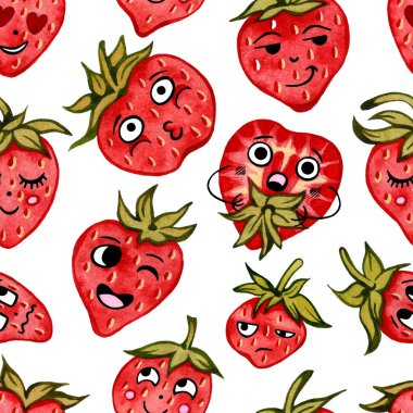 Çizgi roman ve çizgi film tarzında şirin çilek deseni. Böğürtlen arka planı. Gülümse, komik, utangaç, aşk karakterleriyle. Çocuklar için duvar kağıdı. Gıda ambalajı, logo, tekstil için tasarım. Suluboya çizimi