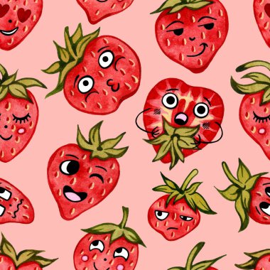 Kawaii duvar kağıdında pembe arka planda kırmızı, şirin çilekler var. Organik meyvelerle komik bir desen. Çizim, karakterler, yüzler, ruh hali. Suluboya çocuk çizimi. Yiyecek ambalajı için..