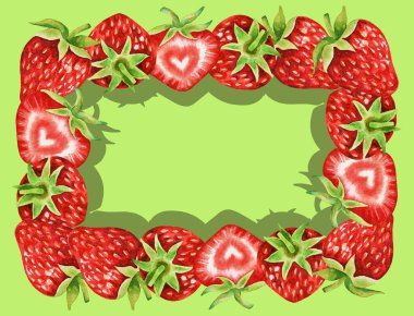 Kırmızı taze çilekle çizilmiş suluboya el resmi. Yaz meyvesi arka planı. Organik yiyecekler. Egzotik, tropikal. Vejetaryen.