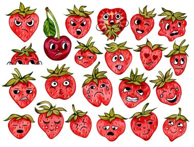 Şirin çilek koleksiyonu ve tatlı duyguları olan kiraz. Çizgi film, emoji. Gıda ambalajı, kafe, çıkartma, logo ve tekstil için komik meyveler çiziyor. Suluboya çizimi.