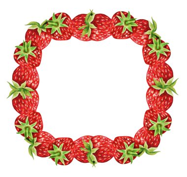 Kırmızı taze çilekle çizilmiş suluboya el resmi. Yaz meyvesi arka planı. Organik yiyecekler. Egzotik, tropikal. Vejetaryen.