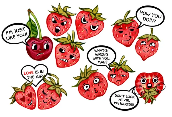 Funny Cartoon Talking Strawberries Cute Fruit Characters Berry Background Logo — Stock Photo, Image