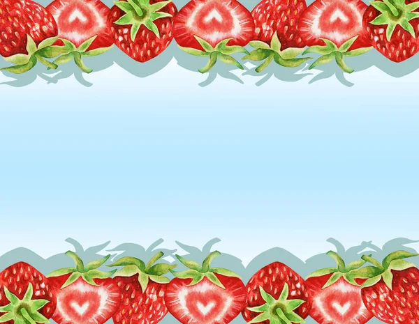 Ilustração Moldura Desenhada Mão Aquarela Com Morangos Vermelhos Frescos Fundo — Fotografia de Stock