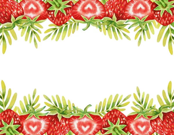 Illustrazione Della Cornice Disegnata Mano Acquerello Con Fragole Fresche Rosse — Foto Stock