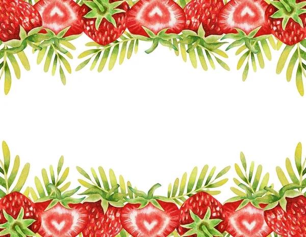 Illustration of watercolor hand drawn frame with red fresh strawberries and leaves. Summer fruit background. Organic food. Exotic, tropical. Vegetarian. For farmers market and emblem natural product.