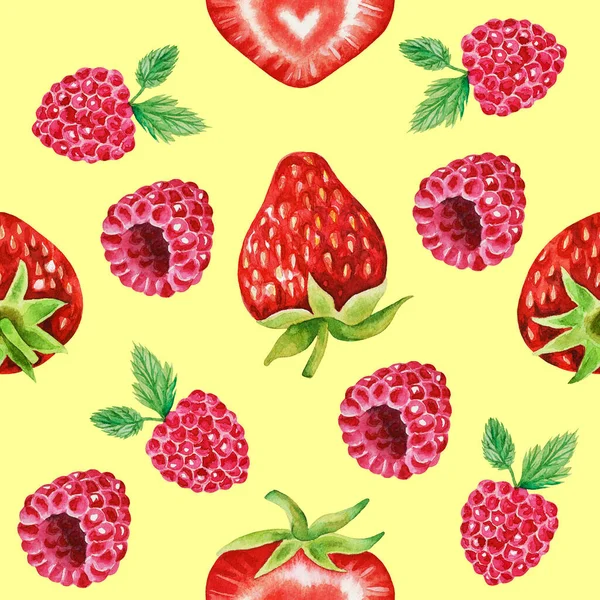 Illustrazione Acquerello Disegno Mano Con Fragole Lamponi Sfondo Frutta Estate — Foto Stock