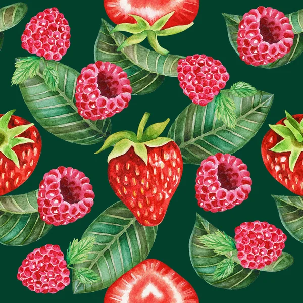 Ilustração Aquarela Desenhada Mão Padrão Com Morangos Framboesas Fundo Fruta — Fotografia de Stock