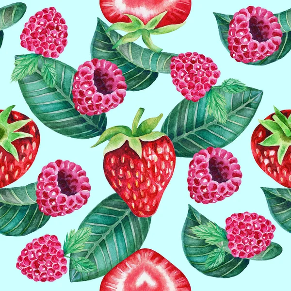 Ilustração Aquarela Desenhada Mão Padrão Com Morangos Framboesas Fundo Fruta — Fotografia de Stock