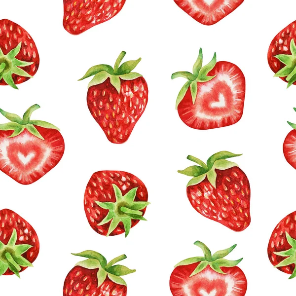 Illustrazione Acquerello Disegnato Mano Con Fragole Fresche Rosse Sfondo Frutta — Foto Stock