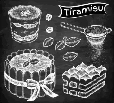 İtalyan tatlı tiramisusu çizimi seti, nane yaprakları, kahve çekirdekleri, karatahtaya izole edilmiş kakao tozu. Çikolatalı pasta, mascarpone, savoiardi. Fırın, pasta, yemek. Vektör illüstrasyonu.