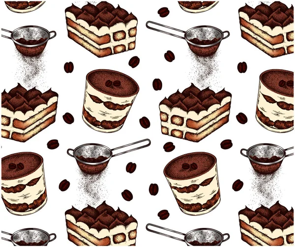 Dibujo Dibujado Patrón Con Tiramisú Postre Italiano Colador Con Cacao — Vector de stock