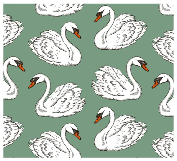 Mavi arka planda beyaz kuğu kuşuyla çizilmiş el çiziminin vektör çizimi. Romantik eski duvar kağıdı, tekstil, vahşi hayvan