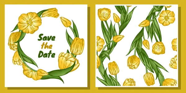 Zeichnung Florale Vorlage Mit Gelben Tulpen Und Grünen Blättern Isoliert — Stockvektor