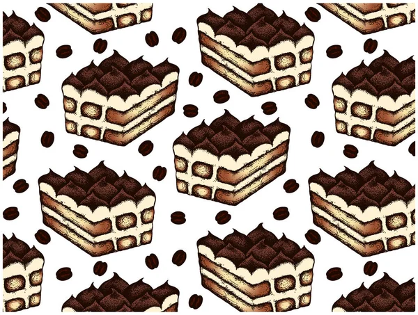 이탈리아 디저트 원두가 배경에 스케치 패턴이다 레스토랑을 빈티지 케이크 코코아 — 스톡 벡터