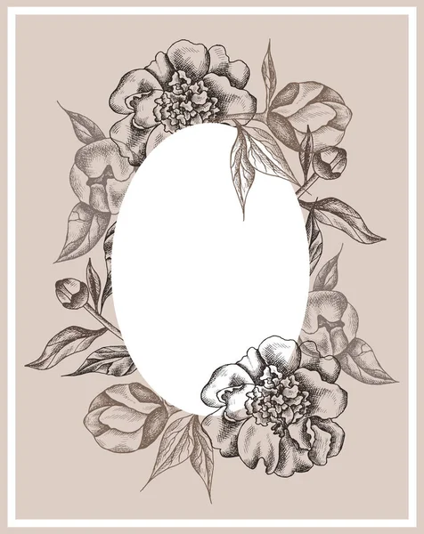 牡丹と葉を持つベクトル花のフレーム 線形グラフィックス スケッチ インク図面 彫刻の模倣 手描きの植物 白地に線画 レトロでヴィンテージの花 — ストックベクタ