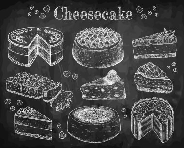 Elle çizilmiş çizilmiş peynirli keklerin vektör çizimi. Yemek, tatlı tatlı, dilim, dilim, peynirli kek. Meyveli peynirli kek. Tatlı pastane ürünleri. Klasik arka plan. Menü.