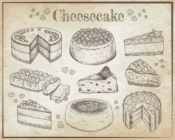 Illustrazione Vettoriale Schizzo Disegnato Mano Cheesecakes Cibo Dessert Saporito Fetta — Vettoriale Stock