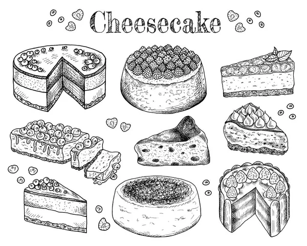 Ilustración Vectorial Tartas Queso Dibujadas Mano Comida Sabroso Postre Rebanada — Vector de stock