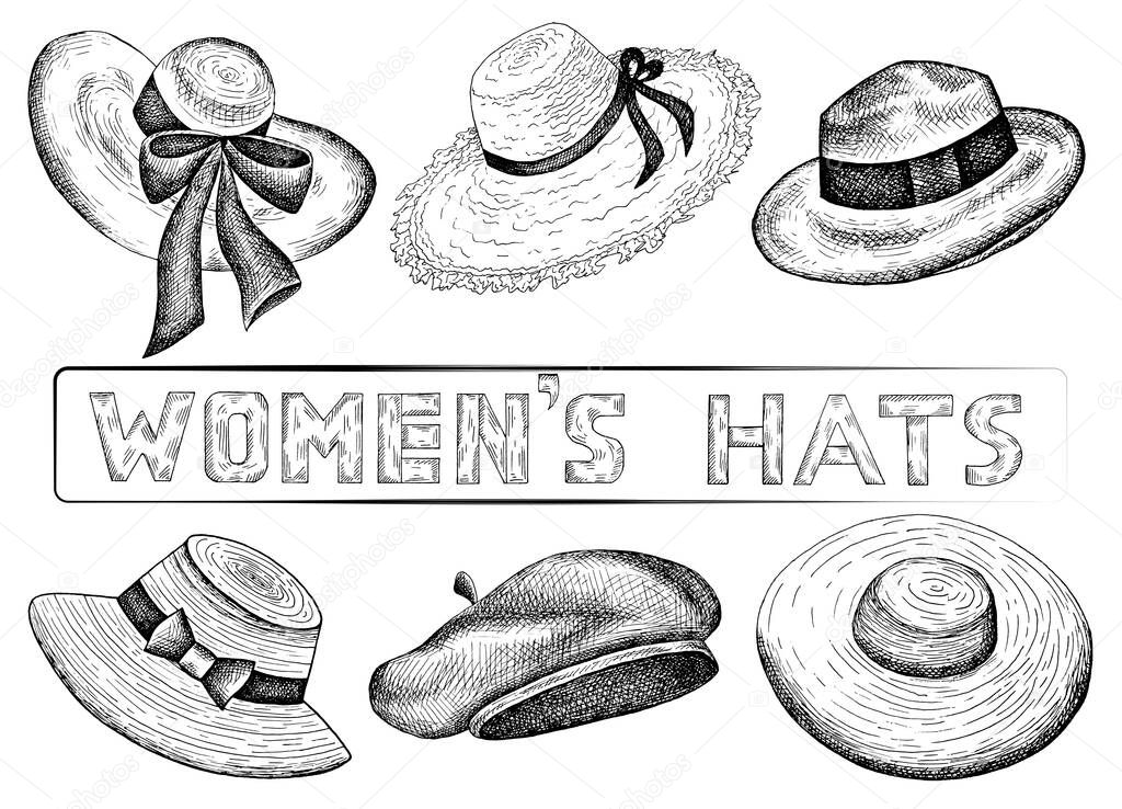 Vector illustration of hand drawn set of sketch women's hats. Vintage and retro style. Female Fashion. Shopping, shop, store.