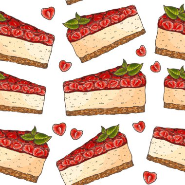 Renkli pastayla çizilmiş el çizimi modeli. Cheesecake, tatlı, tatlı, yemek, çilek, nane. Eski tarz arka plan. Menü, kartlar, afişler, el ilanları, şekerlemeler için.