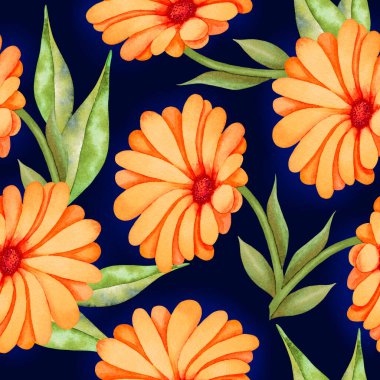 Turuncu kır çiçekleri ve yeşil yapraklarla çizilmiş suluboya el resmi. Mor çiçek. Bahar ve yaz romantik çiçekli arka plan.