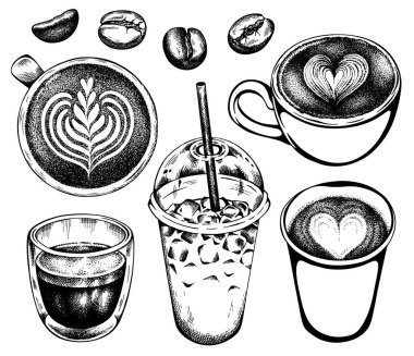 Beyaz arka planda izole edilmiş kahve bardakları. Espresso, kapuçino, latte, buzlu kahve, kahve çekirdekleri. Antika, retro tarzı yemekler. Vektör çizimi. Mürekkep içecek çizer.