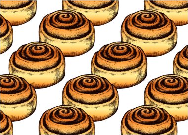 Beyaz arka planda izole edilmiş kahverengi tarçınlı el çizimi deseni. Kuru üzüm ve çikolatalı tarçın çiziyorum. Pastane, kafe menüsü, dükkan için tatlı yemek duvar kağıdı. Vektör illüstrasyonu