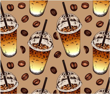 Plastik fincana koymak için buzlu kahve ve kahverengi arka planda izole edilmiş kavrulmuş kahve çekirdekleri. İçkiler benden. Kafe, menü, ambalaj için kahve kağıdı. Vektör illüstrasyonu