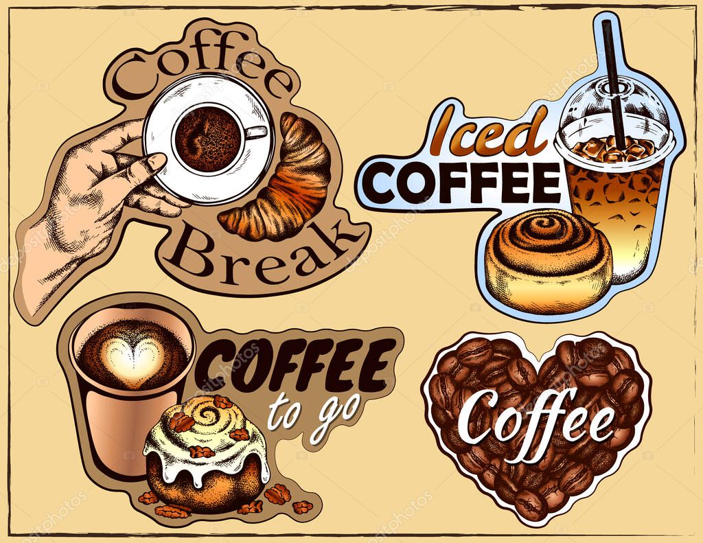 Sketch drawing icons of coffee break, iced coffee, drink to go, coffee beans in heart shape, cappuccino, latte, espresso, hand holding a cup, hot drink, croissant, cinnamon roll. Vector illustration.