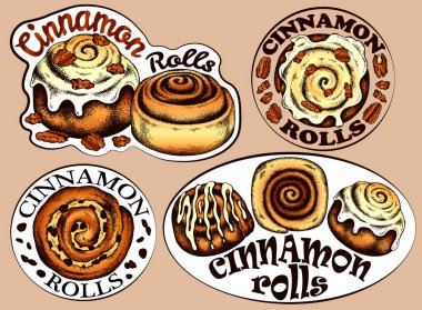 Kafe, menü ve fırın için tarçınlı rulo etiketleri çiziyorum. Renkli tarçınlı çörek, üzümlü, kremalı, soslu, cevizli. Tatlı yemek logosu, oymalı tatlılar. Vintage vektör illüstrasyonu.