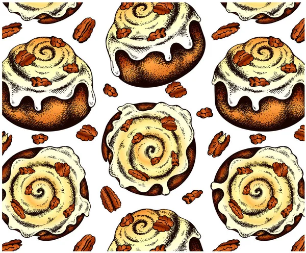 Sketch Hand Drawn Pattern Brown Cinnamon Rolls Icing Pecan Nuts — Vector de stock