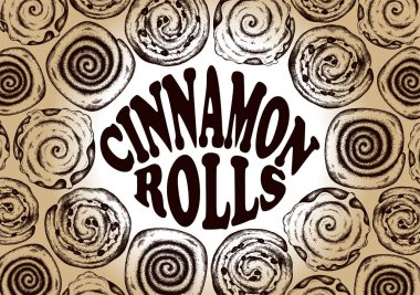 Tarçınlı rulo tarçınlı çörek, kremalı, soslu, kuru üzümlü, çikolatalı. Kafe menüsü için el yapımı tatlı yiyecekler, fırın arka planı, klasik tarz tatlılar. Vektör illüstrasyonu