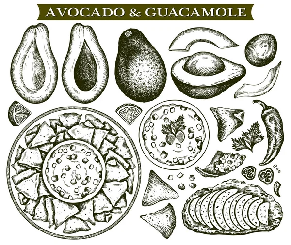 Croquis Ensemble Dessin Avocat Nachos Guacamole Isolé Sur Fond Blanc — Image vectorielle