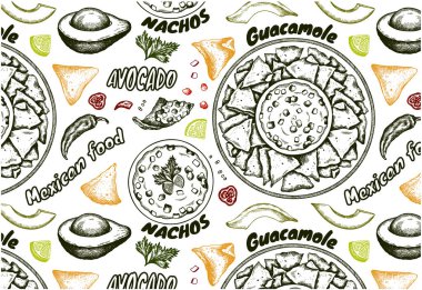 Beyaz arka planda izole edilmiş Meksika yemekleri eşkali çizilmiş. Yeşil avokado dilimi, nachos, guacamole, kırmızı biber, limon. Fast food menüsü çiziyorum. Baharatlı sos. Vektör illüstrasyonu.
