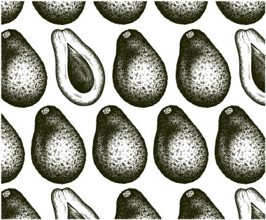 Yeşil avokado ve beyaz arka planda izole edilmiş tohum içeren yarım avokado çizimi. Kafe menüsü için el yapımı avokado meyve duvar kâğıdı, fast food vintage ambalajlama. Vektör illüstrasyonu.