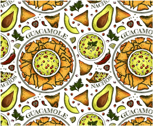 Tekening Tekening Patroon Van Kleurrijke Avocado Plakjes Guacamole Nachos Maïs — Stockvector