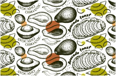 Eskiz çizimi, organik avokado deseni, ana hatlı avokado tostu dilimlenmiş, beyaz arka planda renkli yuvarlak lekeli avokado tohumu. Çizgili vejetaryen yemekleri, meyve duvar kağıtları. Vektör illüstrasyonu