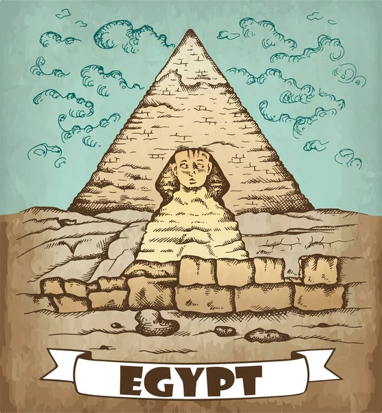 素描手画了一幅色彩斑斓的埃及海报 画出吉萨的大狮身人面像 勾勒出开罗的风景 胡夫的线形艺术金字塔 雕刻的埃及背景 矢量说明 — 图库矢量图片