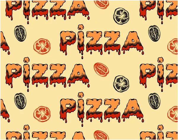 Bosquejo Dibujado Mano Patrón Texto Pizza Con Tomates Arte Línea — Vector de stock