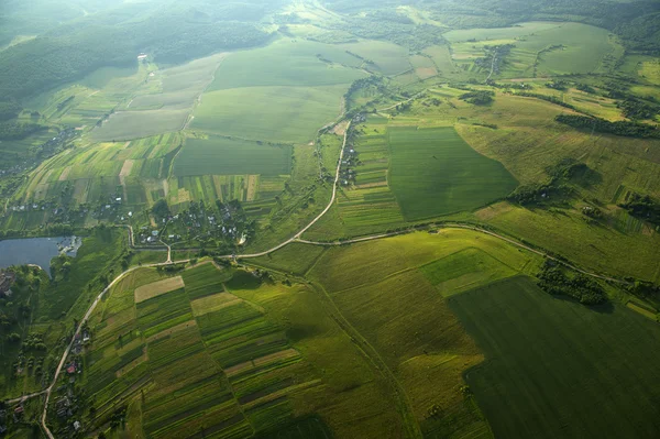 Вид з повітря на зелені та жовті ділянки полів та сільській місцевості Ліцензійні Стокові Фото