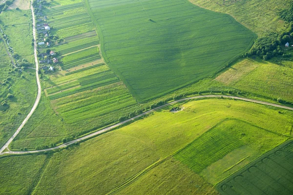 Letecký pohled na zelené a žluté části polí a krajina — Stock fotografie